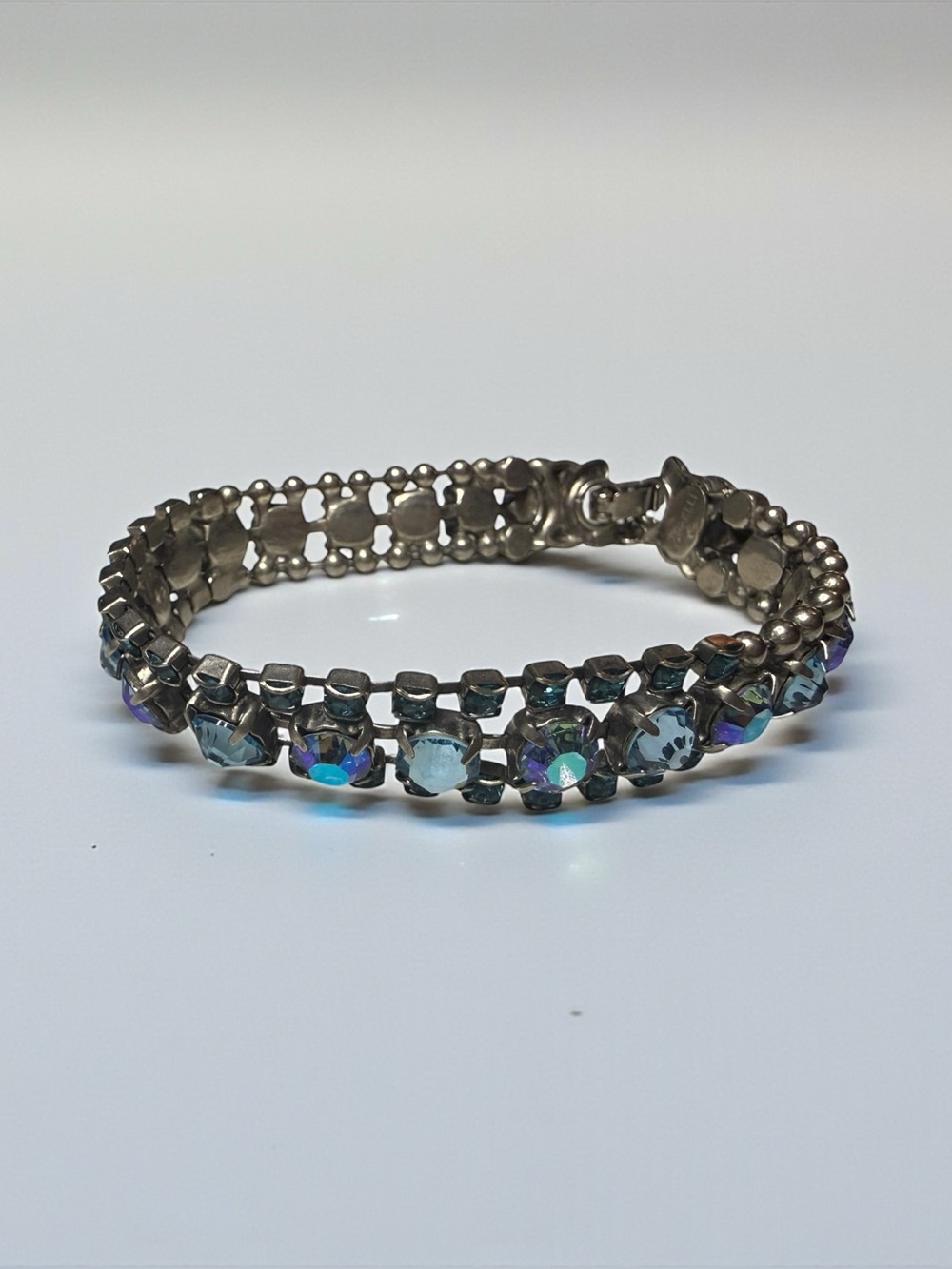 Signed Sorrelli Blue Aurora Borealis Crystal Rhinestone Bracelet Silver Tone